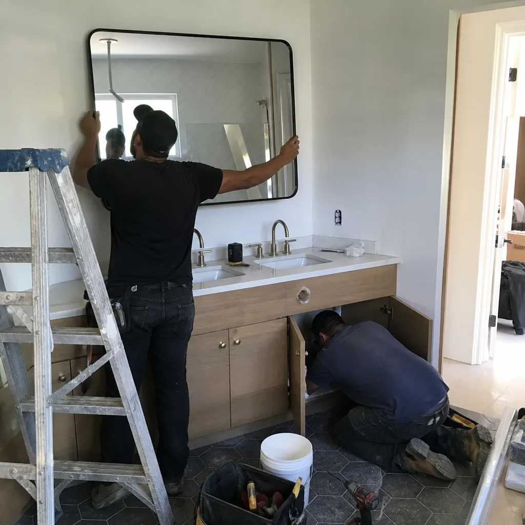 Two contractors performing a professional bathroom remodeling and vanity installation