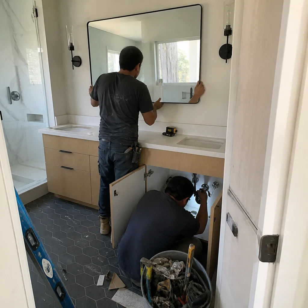 Contractors performing professional bathroom remodeling and plumbing installation services