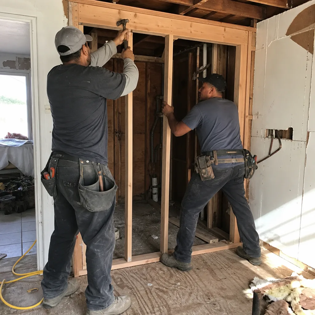 Two contractors framing a wall during a residential bathroom renovation