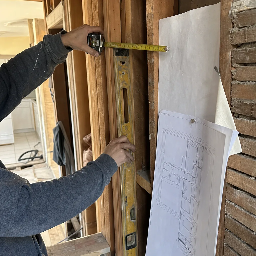 Contractor measuring wooden wall studs with a level during home renovation.