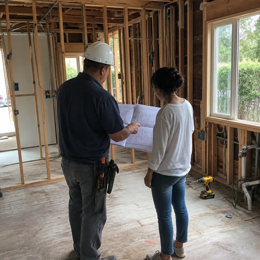 General contractor and client reviewing house blueprints in a home renovation site