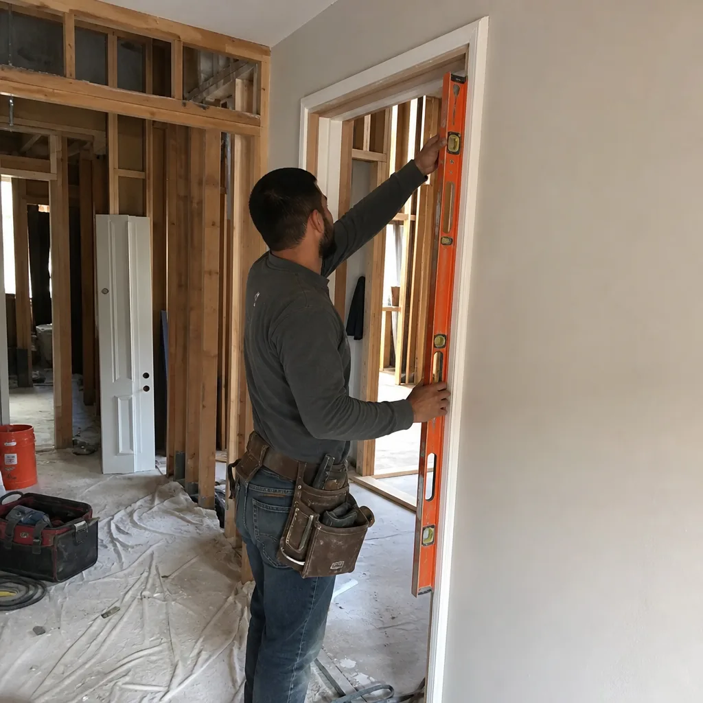 Contractor using a level to install a residential door frame