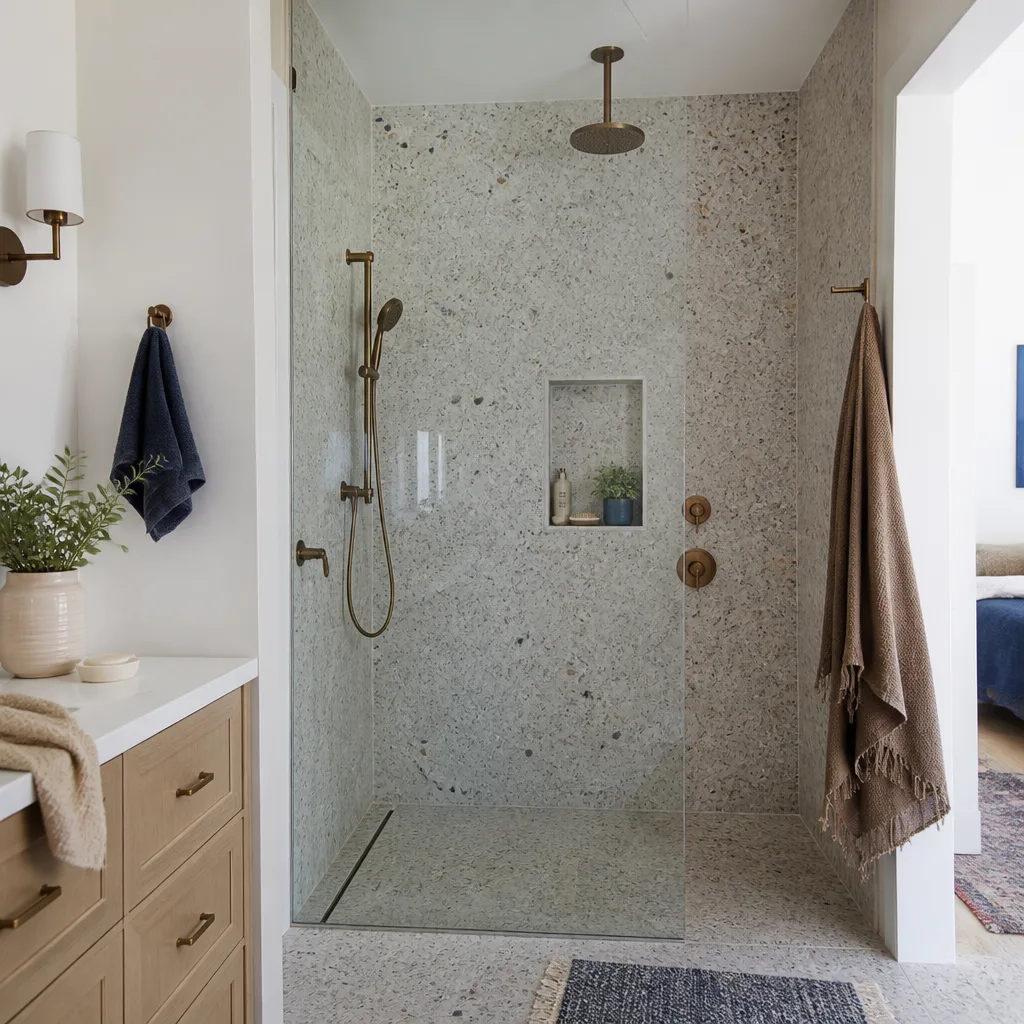 A walk-in shower with large-format tile and a built-in niche