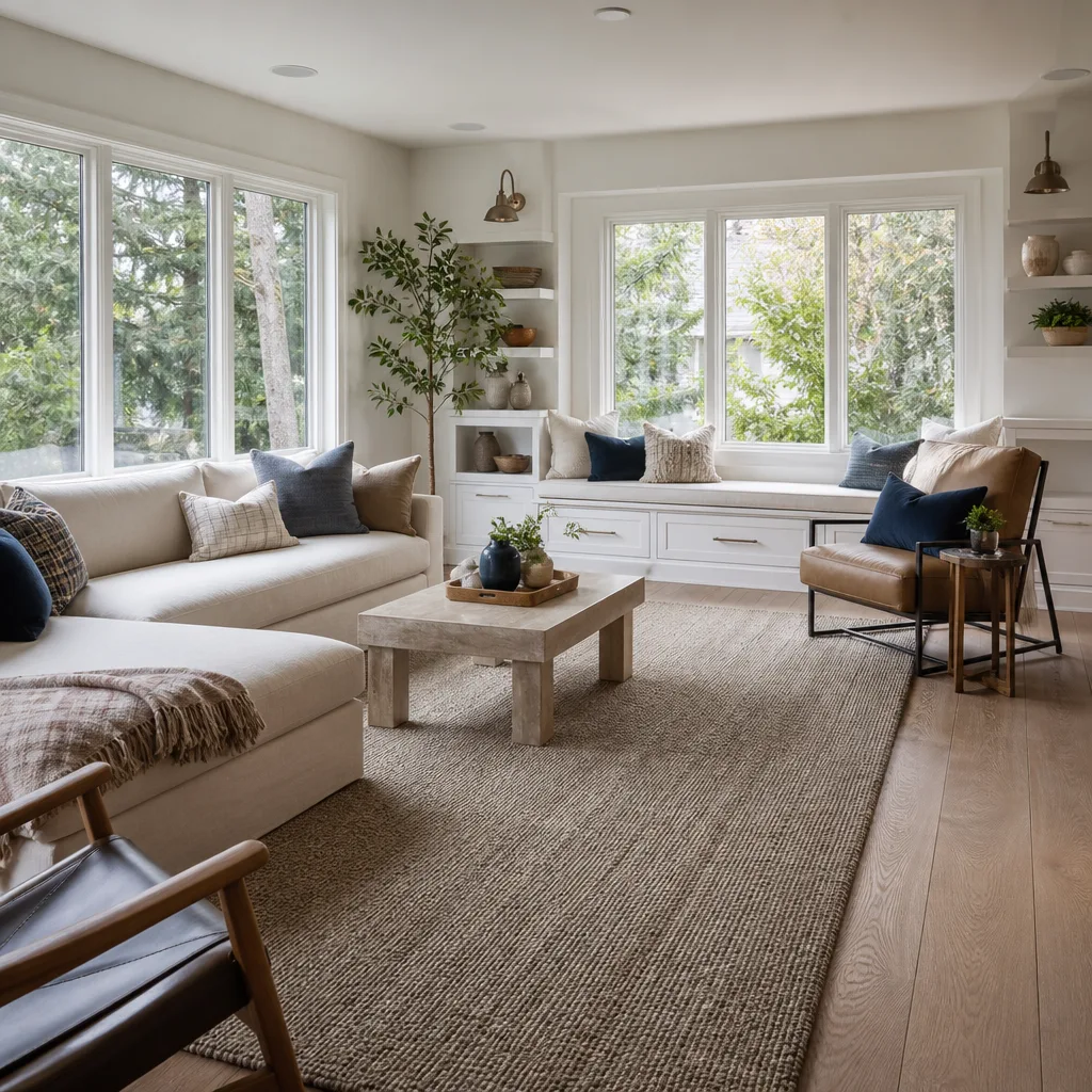 A remodeled family room with new windows and a window seat